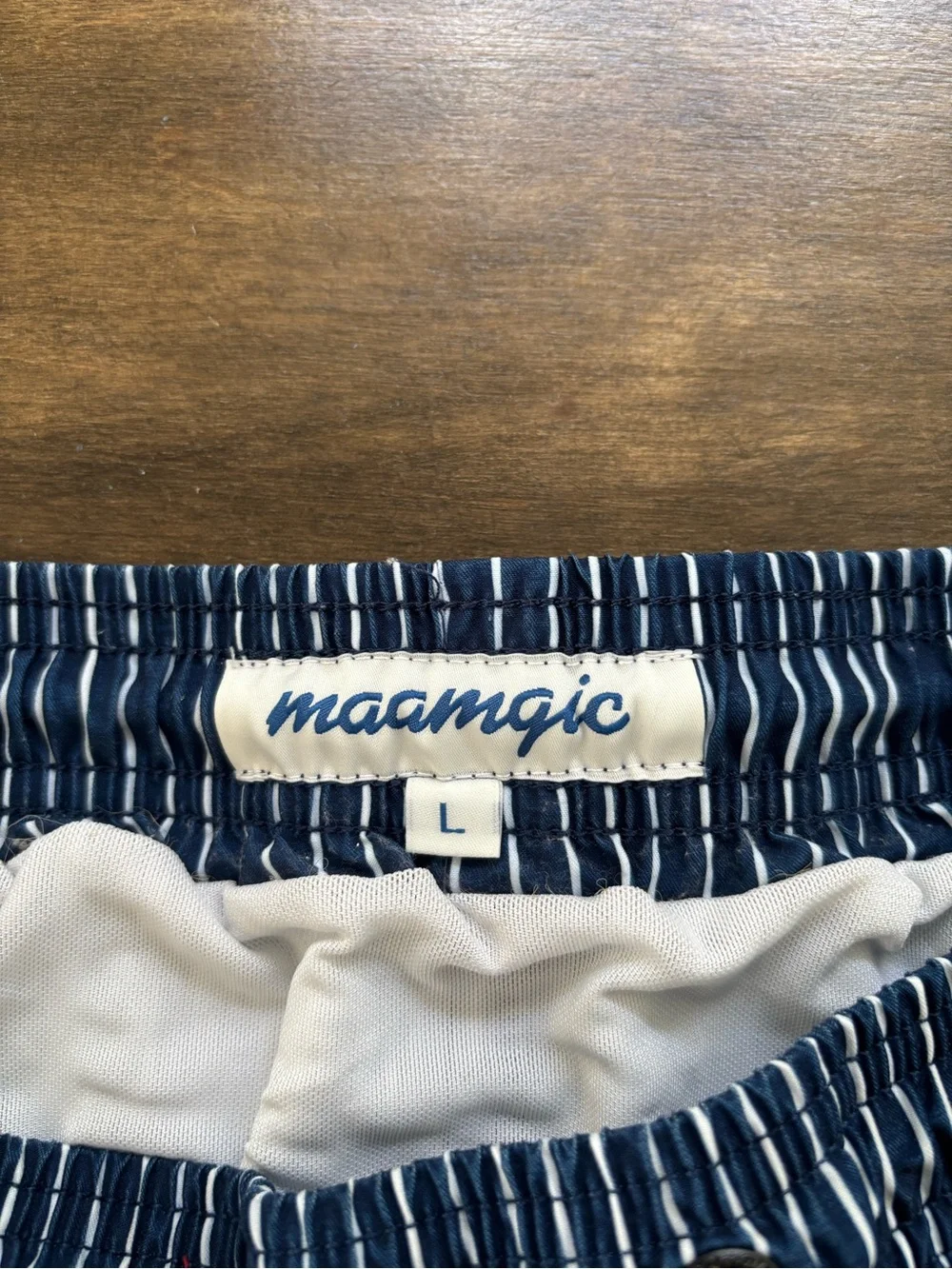 Men’s Maamgic Navy with White Pinstripe Swim Trunks. Size L